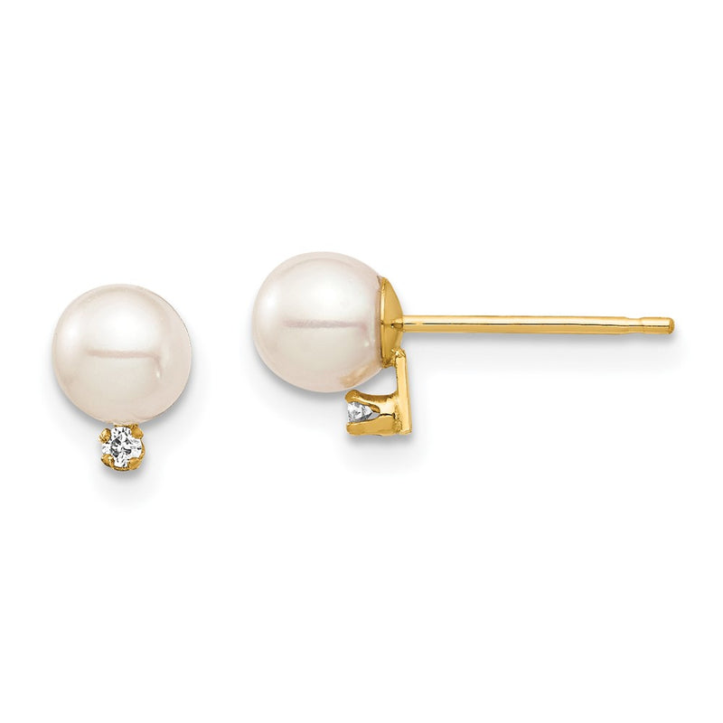 14K Yellow Gold Madi K 4 5mm White Round Freshwater Cultured Pearl And .02 Carat Diamond Post Earrings With Silicone Backs