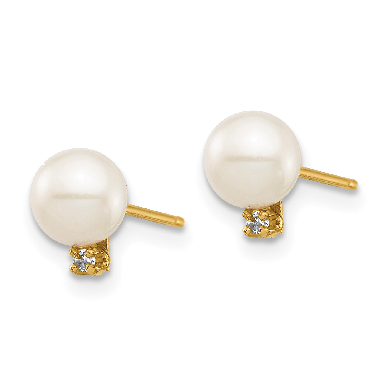 14K Yellow Gold Madi K 5 6mm White Round Freshwater Cultured Pearl And .02 Carat Diamond Post Earrings With Silicone Backs
