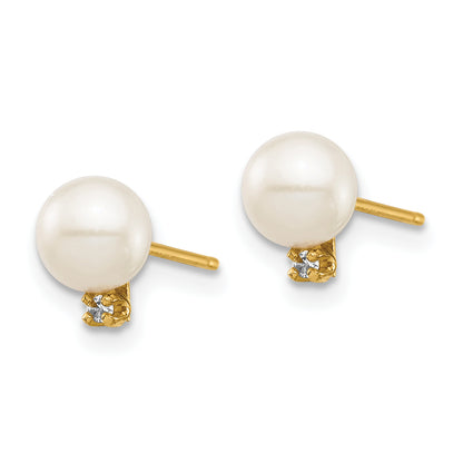14K Yellow Gold Madi K 5 6mm White Round Freshwater Cultured Pearl And .02 Carat Diamond Post Earrings With Silicone Backs