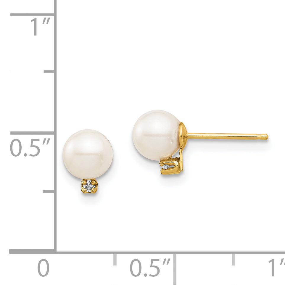 14K Yellow Gold Madi K 5 6mm White Round Freshwater Cultured Pearl And .02 Carat Diamond Post Earrings With Silicone Backs