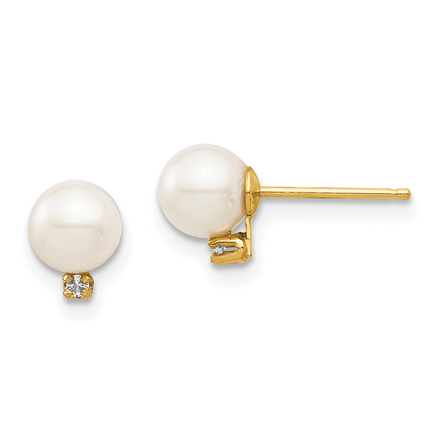 14K Yellow Gold Madi K 5 6mm White Round Freshwater Cultured Pearl And .02 Carat Diamond Post Earrings With Silicone Backs