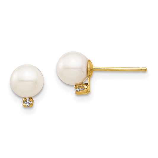 14K Yellow Gold Madi K 5 6mm White Round Freshwater Cultured Pearl And .02 Carat Diamond Post Earrings With Silicone Backs