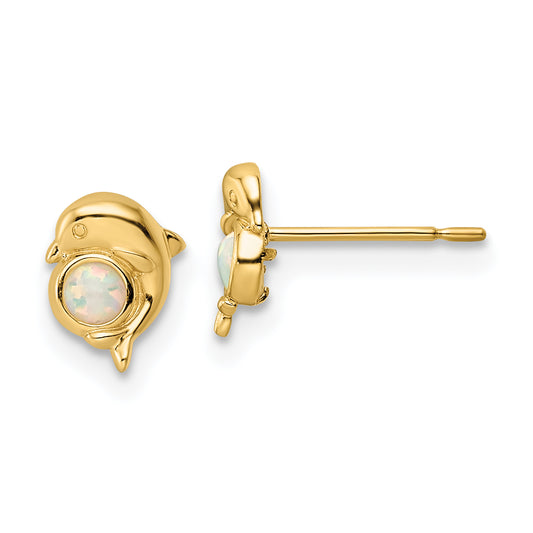 14K Yellow Gold Madi K Created Opal Dolphin Post Earrings