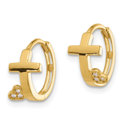 14K Yellow Gold Madi K Polished Cross W/cz Heart Hinged Huggie Hoop Earrings