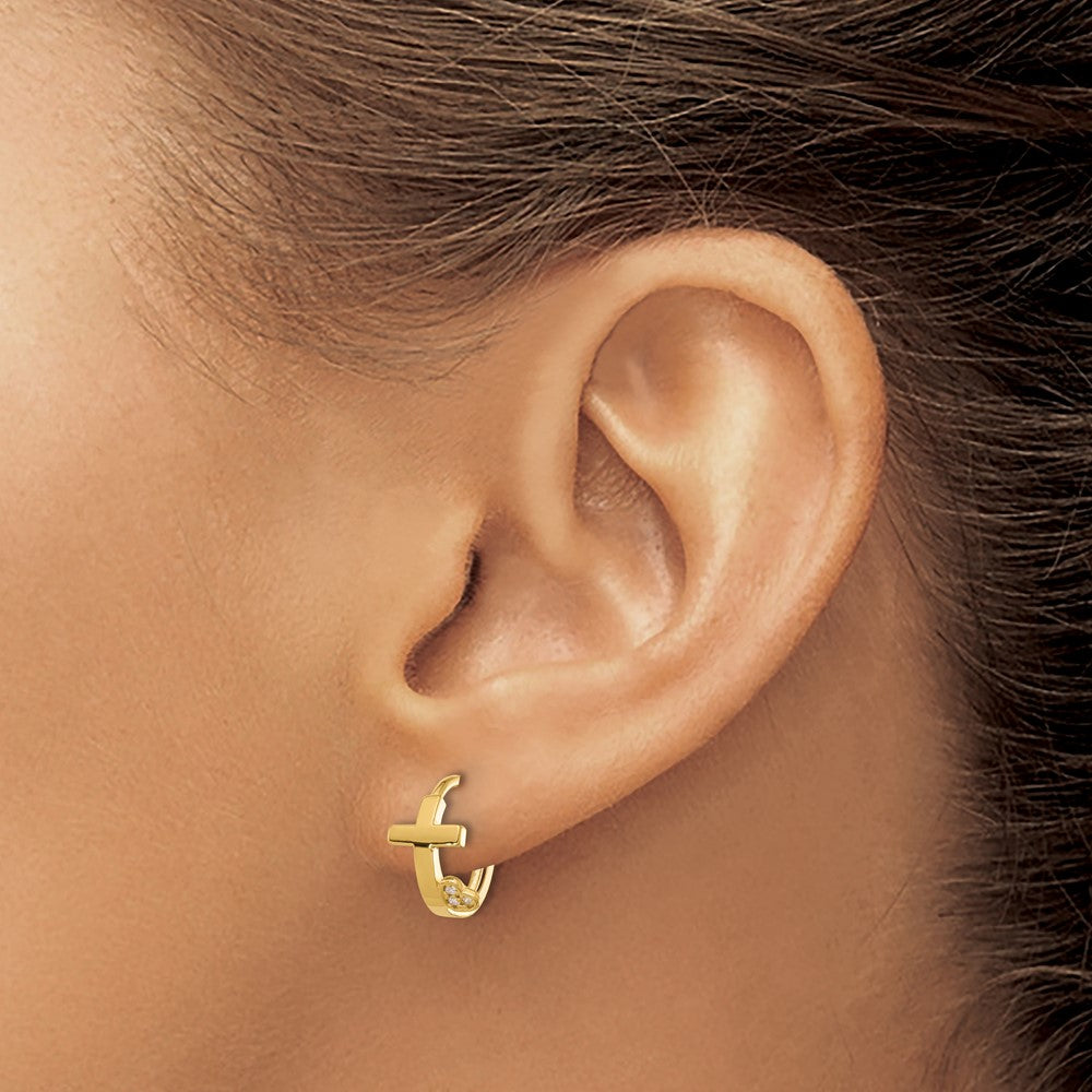 14K Yellow Gold Madi K Polished Cross W/cz Heart Hinged Huggie Hoop Earrings