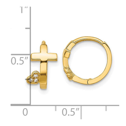 14K Yellow Gold Madi K Polished Cross W/cz Heart Hinged Huggie Hoop Earrings