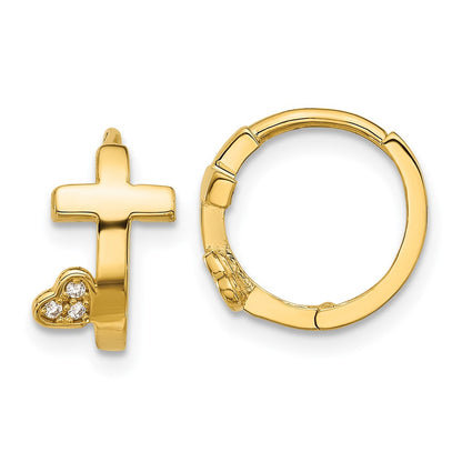 14K Yellow Gold Madi K Polished Cross W/cz Heart Hinged Huggie Hoop Earrings