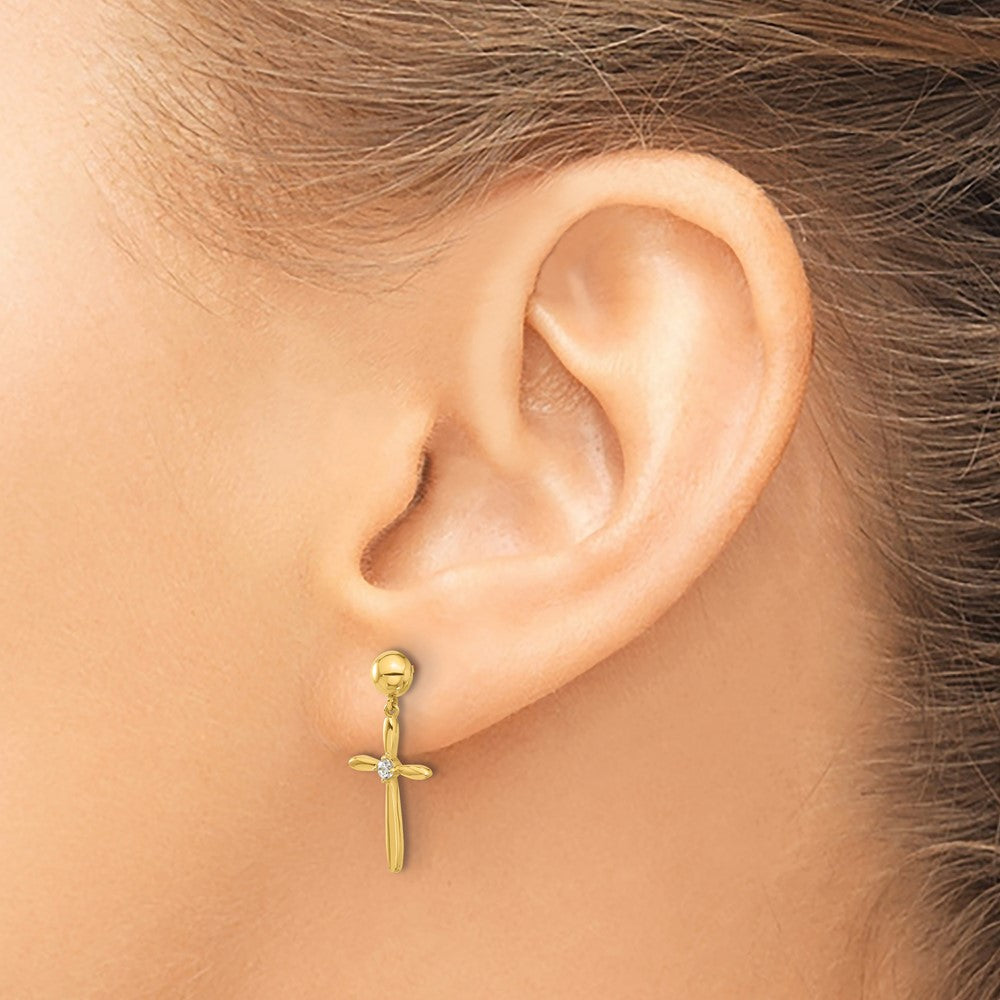 14K Yellow Gold Madi K Polished CZ Cross Post Dangle Earrings