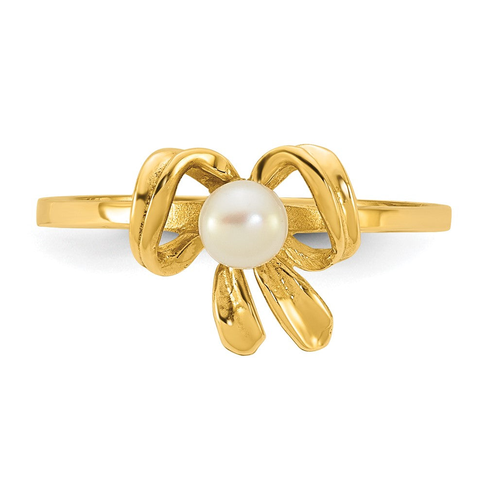 14K Yellow Gold Madi K 3-4mm White Button Freshwater Cultured Pearl Bow Children's Ring