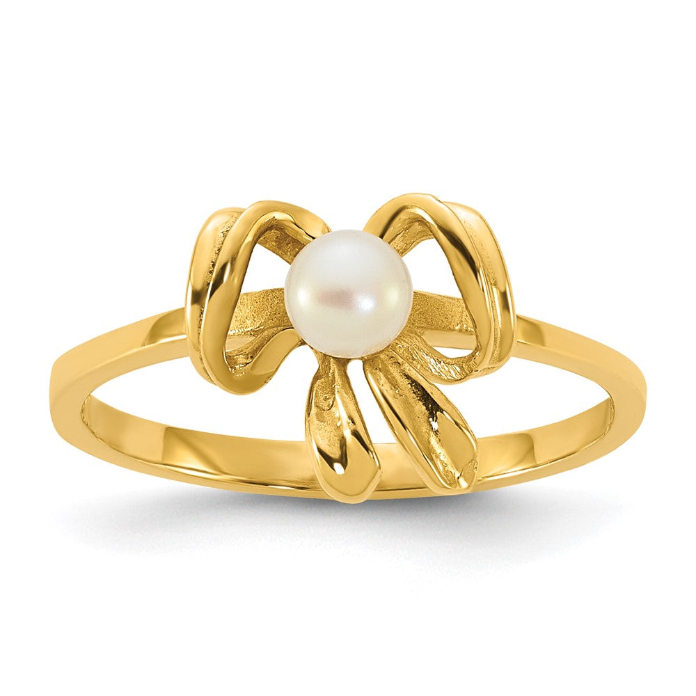 14K Yellow Gold Madi K 3-4mm White Button Freshwater Cultured Pearl Bow Children's Ring