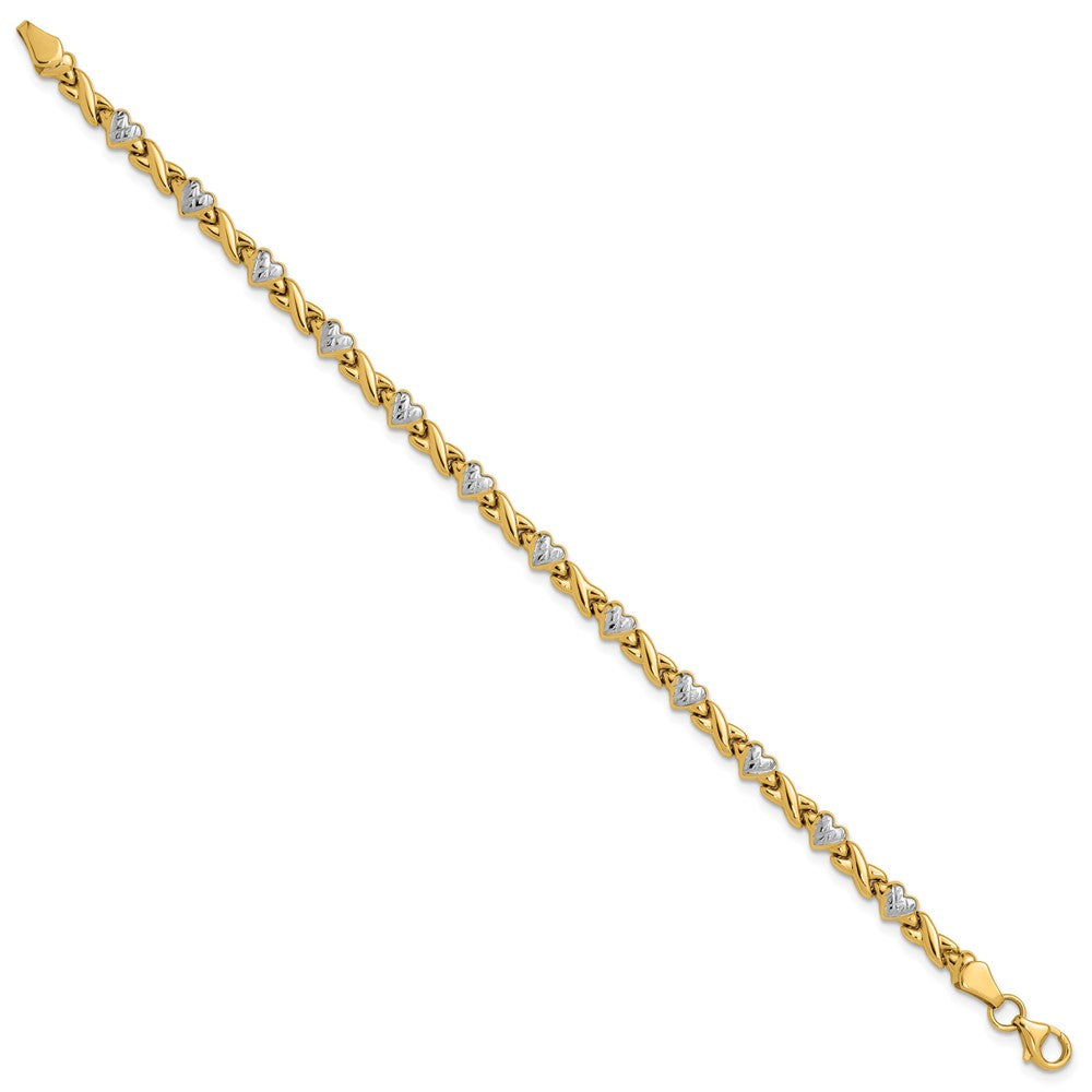 7 Inch 14K W/Rhodium Polished Heart And X Bracelet