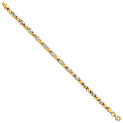 7 Inch 14K W/Rhodium Polished Heart And X Bracelet