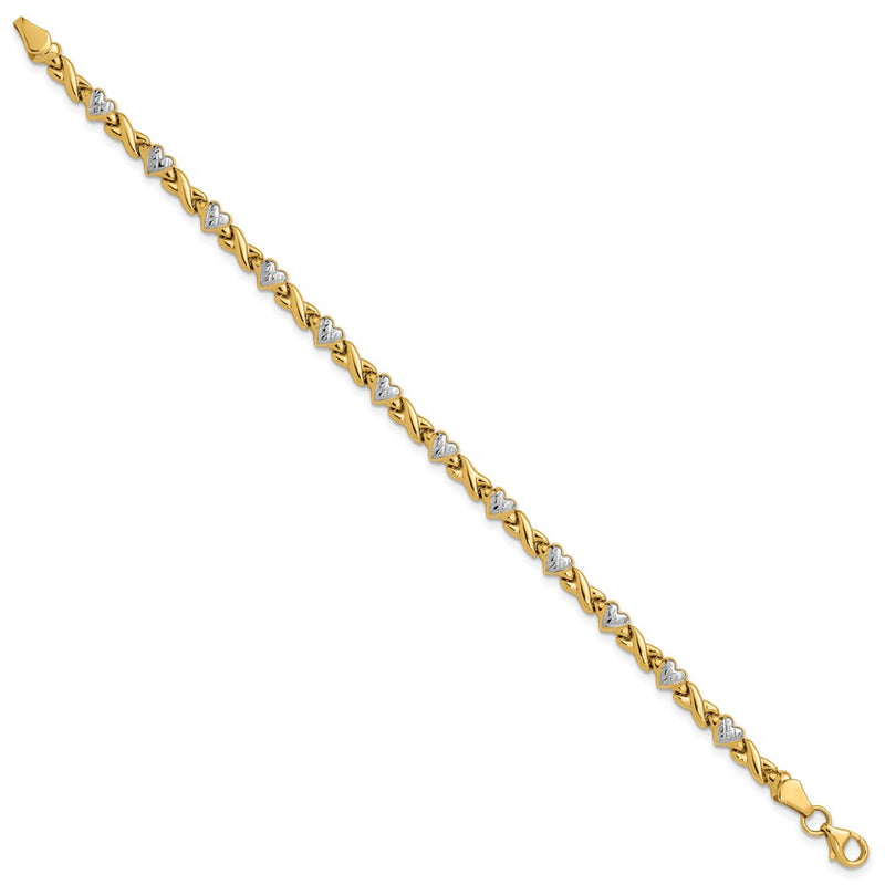 7 Inch 14K W/Rhodium Polished Heart And X Bracelet