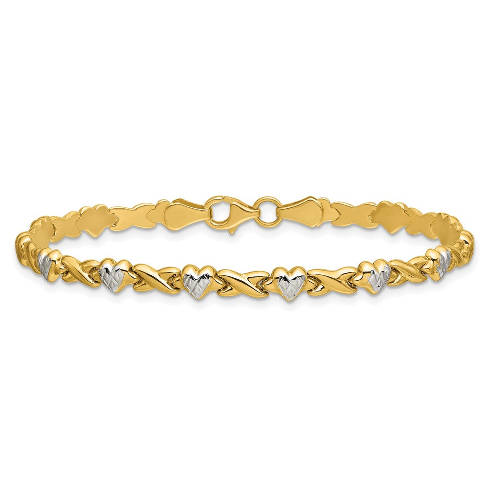7 Inch 14K W/Rhodium Polished Heart And X Bracelet