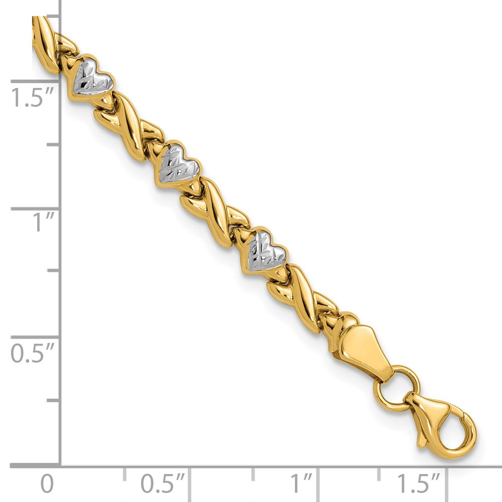 7 Inch 14K W/Rhodium Polished Heart And X Bracelet