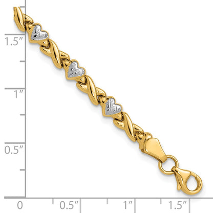 7 Inch 14K W/Rhodium Polished Heart And X Bracelet