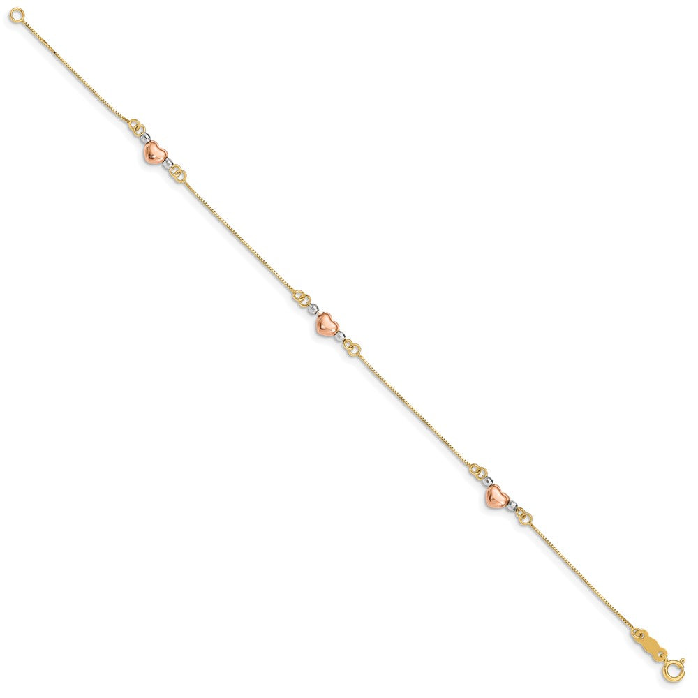 7.25 Inch 14K Tri-Color Puffed Heart Bracelet