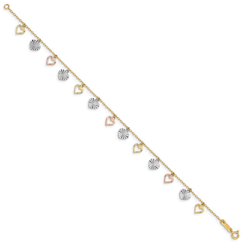 7.25 Inch 14K Tri-Color Heart Bracelet