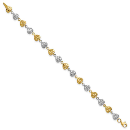 7 Inch 14K Two-Tone Hammered Hearts Bracelet