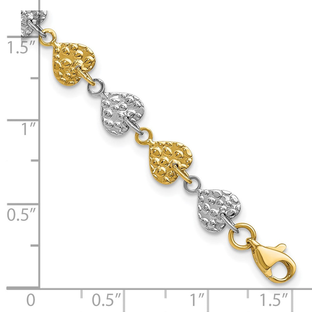 7 Inch 14K Two-Tone Hammered Hearts Bracelet