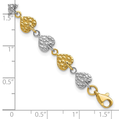 7 Inch 14K Two-Tone Hammered Hearts Bracelet