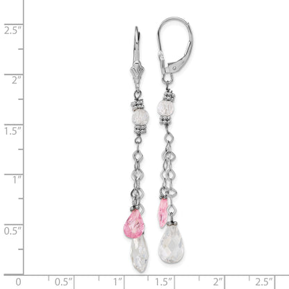 14K White Gold Polished Pink & Clear Teardrop Leverback Dangle Earrings