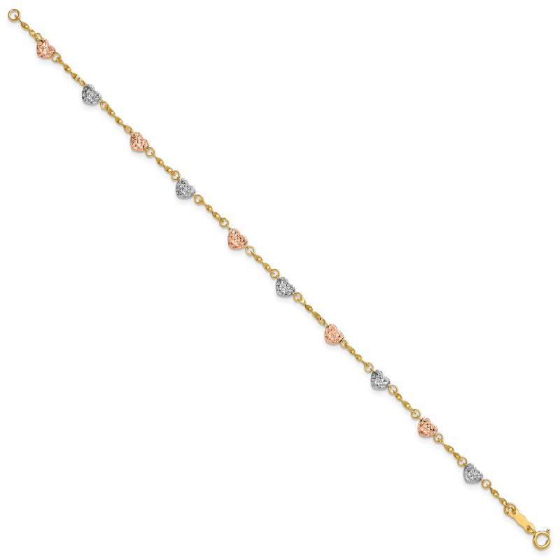 7 Inch 14K Tri-Color Diamond-Cut Puff Heart Bracelet
