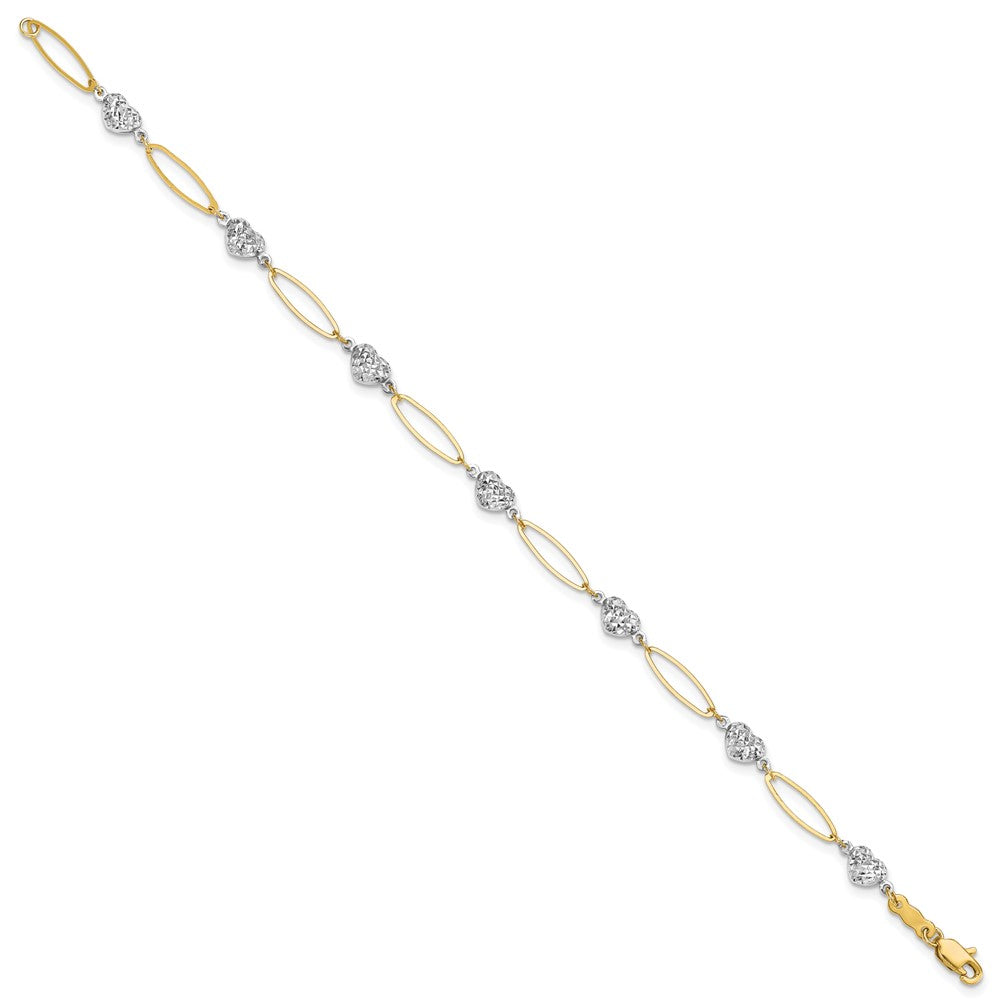 7.25 Inch 14K Two-Tone Puff Heart & Flat Oval Bracelet