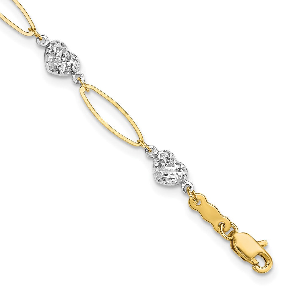 7.25 Inch 14K Two-Tone Puff Heart & Flat Oval Bracelet