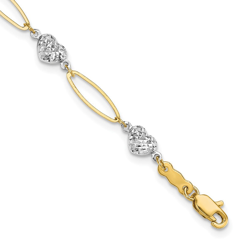7.25 Inch 14K Two-Tone Puff Heart & Flat Oval Bracelet