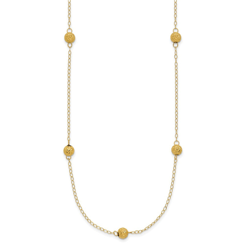 14K Yellow Gold Polished Textured Beads 7 Station 18 Inch Necklace