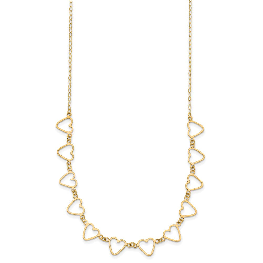 14K Yellow Gold Oval Cable With Open Flat Hearts 16 Inch W/ 2In Ext Necklace