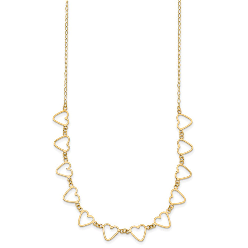 14K Yellow Gold Oval Cable With Open Flat Hearts 16 Inch W/ 2In Ext Necklace