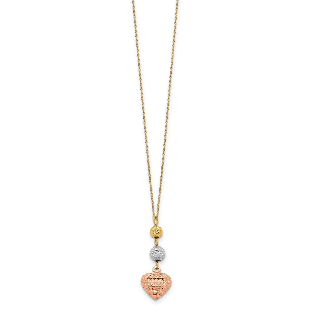 14K Tri-Color Ropa Diamond Cut Beads & Heart W/ 2In Ext Necklace