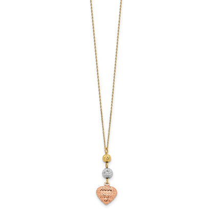 14K Tri-Color Ropa Diamond Cut Beads & Heart W/ 2In Ext Necklace