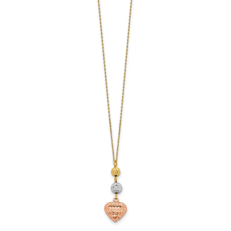 14K Tri-Color Ropa Diamond Cut Beads & Heart W/ 2In Ext Necklace