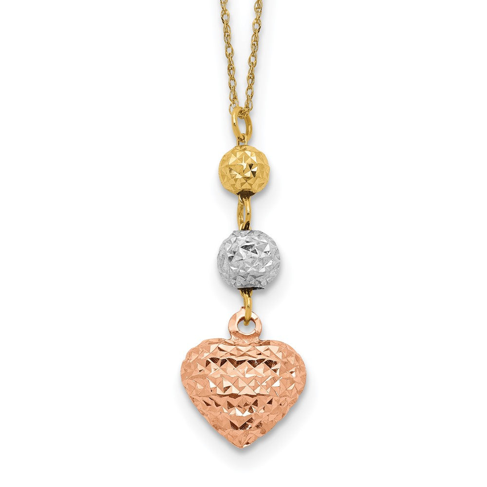 14K Tri-Color Ropa Diamond Cut Beads & Heart W/ 2In Ext Necklace