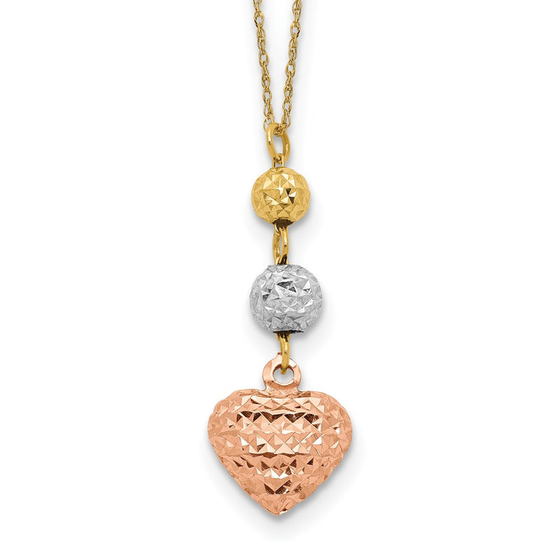 14K Tri-Color Ropa Diamond Cut Beads & Heart W/ 2In Ext Necklace