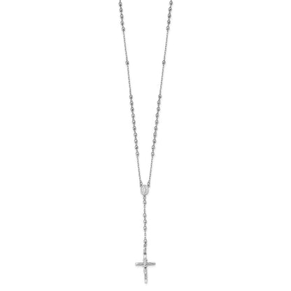 14K White Gold Diamond-Cut 3mm Beaded Rosary 24 Inch Necklace