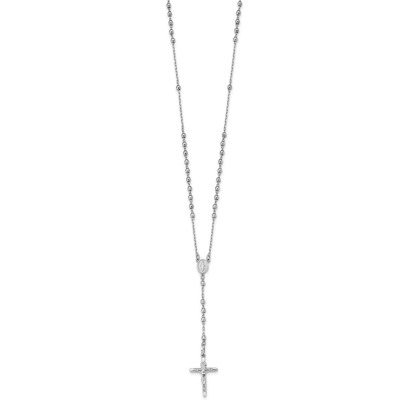 14K White Gold Diamond-Cut 3mm Beaded Rosary 24 Inch Necklace