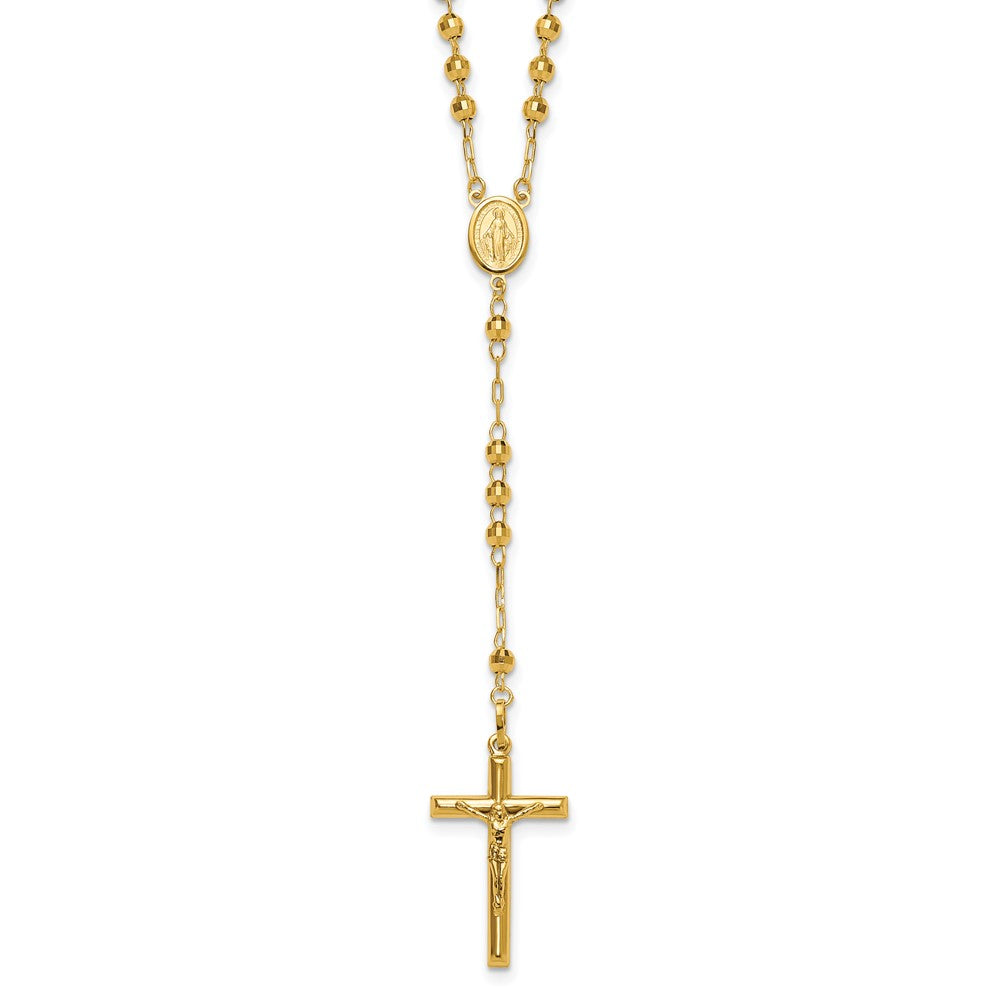 14K Yellow Gold Diamond-Cut 4mm Beaded Semi-Solid Rosary 24 Inch Necklace