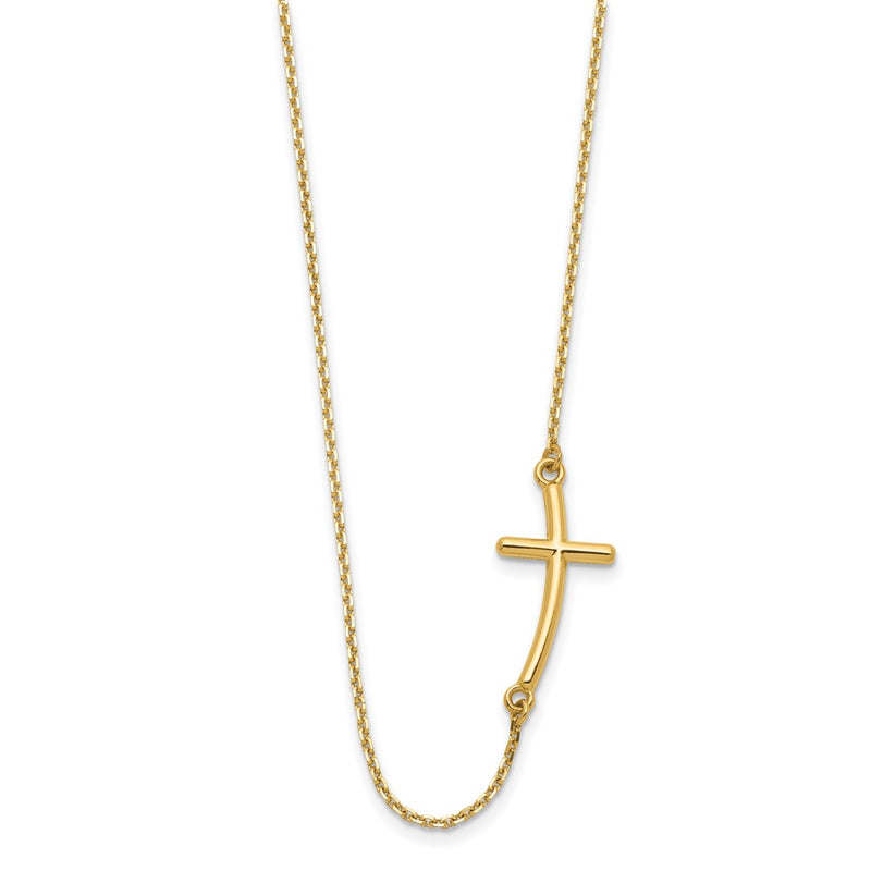 14K Yellow Gold Large Sideways Curved Cross Necklace