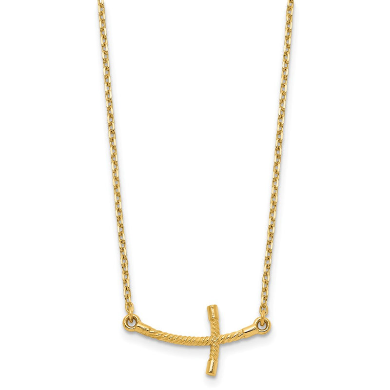 14K Yellow Gold Small Sideways Curved Twist Cross Necklace