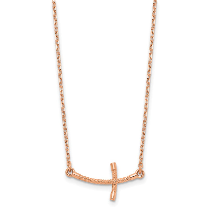 14K Rose Gold Small Sideways Curved Twist Cross Necklace