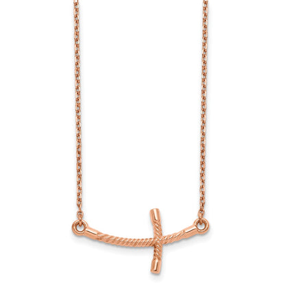 14K Rose Gold Large Sideways Curved Twist Cross Necklace