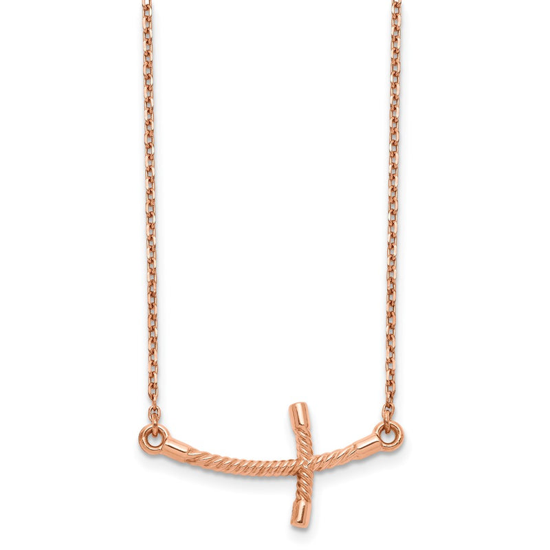 14K Rose Gold Large Sideways Curved Twist Cross Necklace