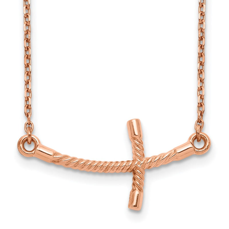 14K Rose Gold Large Sideways Curved Twist Cross Necklace