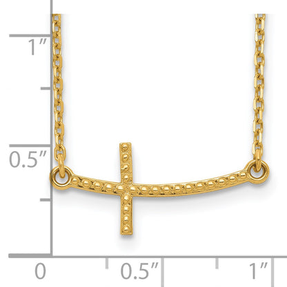 14K Yellow Gold Sideways Curved Textured Cross Necklace