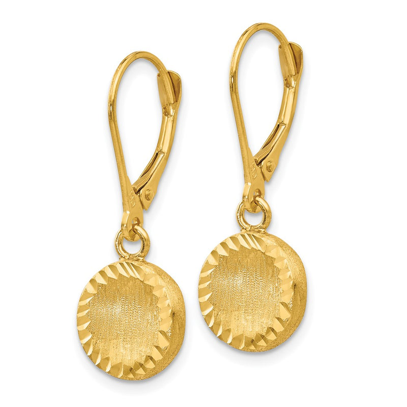 14K Yellow Gold Brushed And Polished Diamond-Cut Circle Leverback Earrings