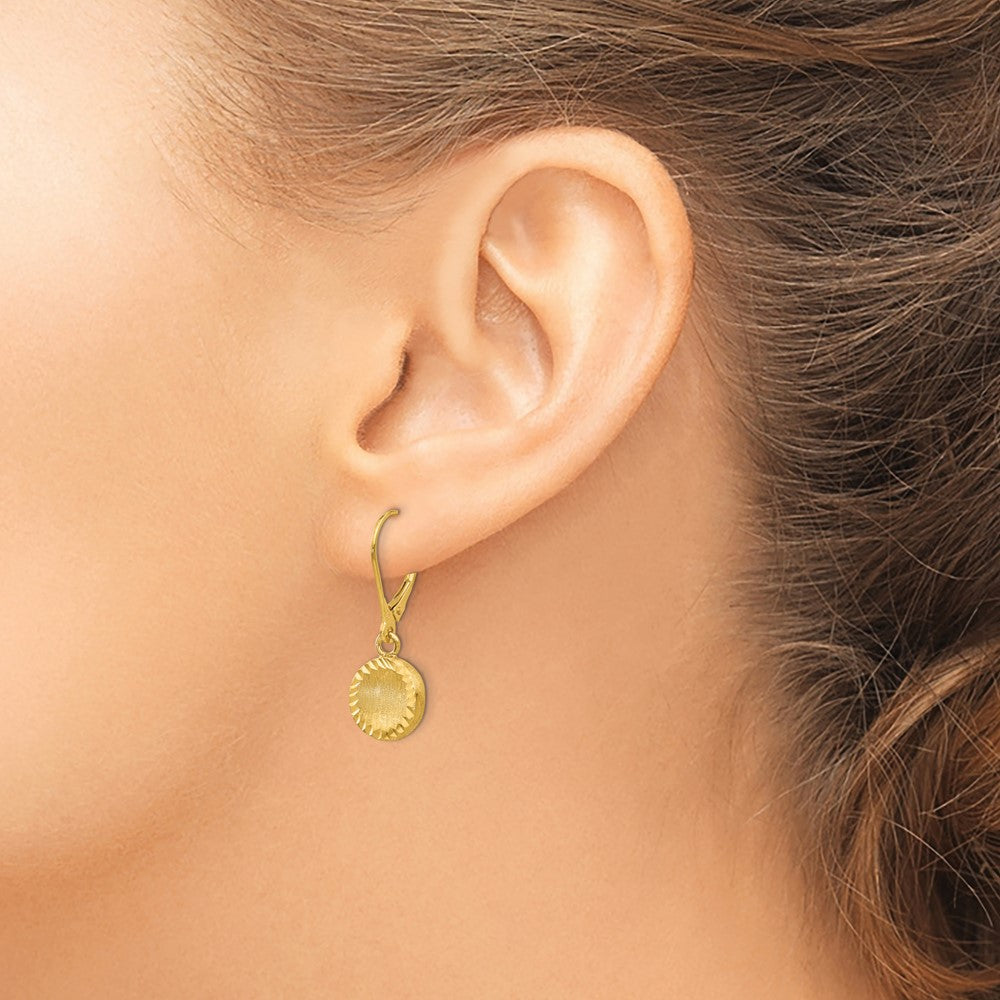 14K Yellow Gold Brushed And Polished Diamond-Cut Circle Leverback Earrings